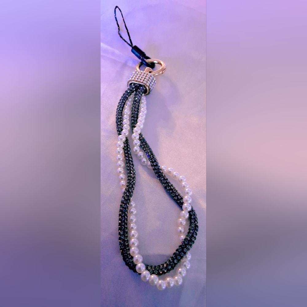 Elegant Black and White Beaded Phone Lanyard Accessory